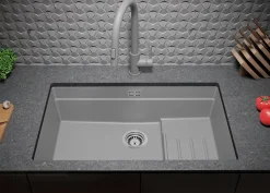 PRIMAGRAN Evier Sous Plan Gris 76x47cm, Evier en Granit 1 bac + Kit de Vidage + Accessoires, Évier au meuble 80cm - Prague