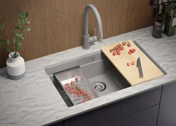 PRIMAGRAN Evier Sous Plan Gris 76x47cm, Evier en Granit 1 bac + Kit de Vidage + Accessoires, Évier au meuble 80cm - Prague