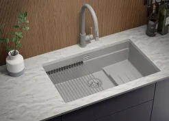 PRIMAGRAN Evier Sous Plan Gris 76x47cm, Evier en Granit 1 bac + Kit de Vidage + Accessoires, Évier au meuble 80cm - Prague