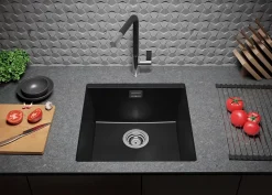 PRIMAGRAN Evier Sous Plan Noir Métallisé 46x47cm, Evier en Granit 1 bac + Kit de Vidage, Évier au meuble 50cm - London