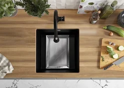 PRIMAGRAN Evier Sous Plan Noir Métallisé 46x47cm, Evier en Granit 1 bac + Kit de Vidage, Évier au meuble 50cm - London