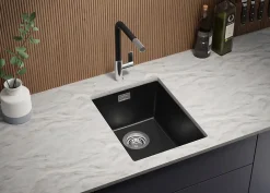 PRIMAGRAN Evier Sous Plan Noir Métallisé 36x47cm, Evier en Granit 1 bac + Kit de Vidage, Évier au meuble 40cm - London