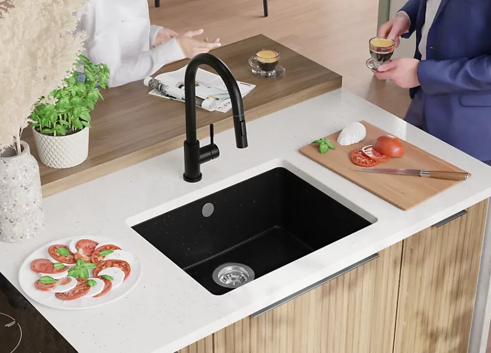 PRIMAGRAN Evier Sous Plan Noir Métallisé 56x44cm, Evier en Granit 1 bac + Kit de Vidage, Évier au meuble 60cm - Venise Easy