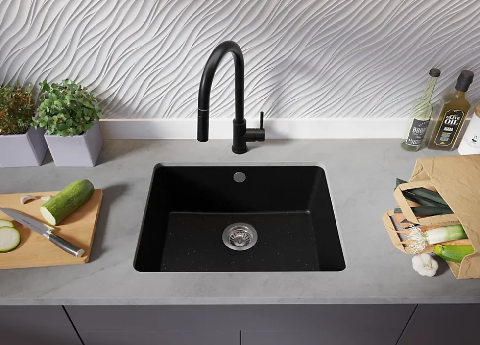 PRIMAGRAN Evier Sous Plan Noir Métallisé 56x44cm, Evier en Granit 1 bac + Kit de Vidage, Évier au meuble 60cm - Venise Easy