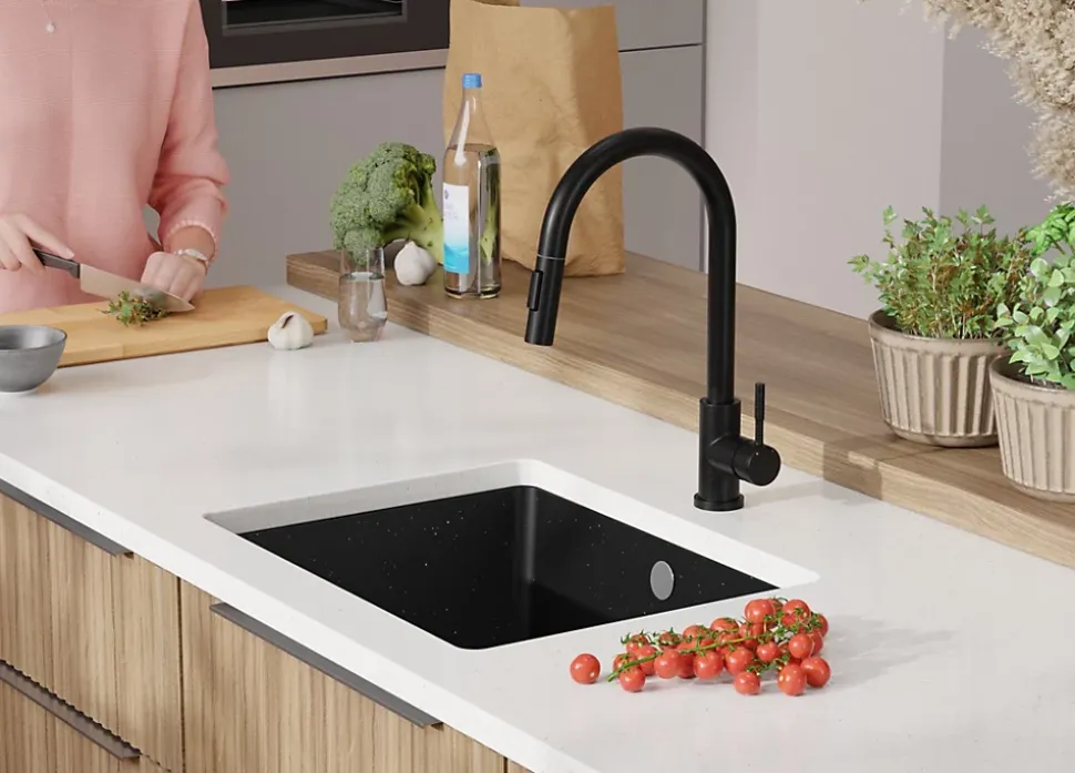 PRIMAGRAN Evier Sous Plan Noir Métallisé 56x44cm, Evier en Granit 1 bac + Kit de Vidage, Évier au meuble 60cm - Venise Easy