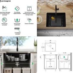 PRIMAGRAN Evier Sous Plan Noir Métallisé 56x44cm, Evier en Granit 1 bac + Kit de Vidage, Évier au meuble 60cm - Venise Easy