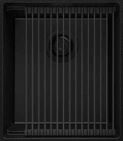 PRIMAGRAN Evier Sous Plan Tout Noir 41x47cm, Evier en Granit 1 bac + Kit de Vidage + Accessoires, Évier au meuble 45cm - Prague