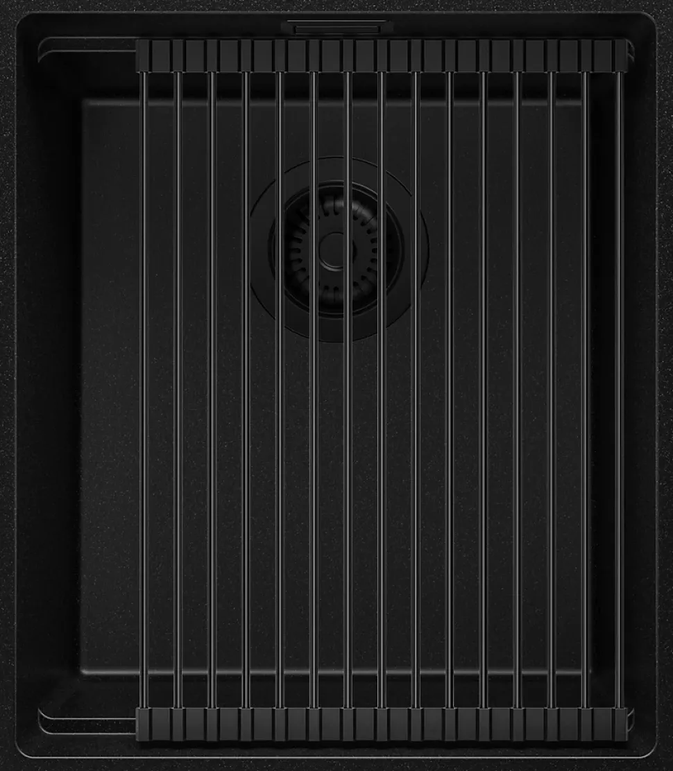 PRIMAGRAN Evier Sous Plan Tout Noir 41x47cm, Evier en Granit 1 bac + Kit de Vidage + Accessoires, Évier au meuble 45cm - Prague