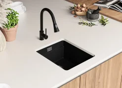 PRIMAGRAN Evier Sous Plan Tout Noir 41x47cm, Evier en Granit 1 bac + Kit de Vidage + Accessoires, Évier au meuble 45cm - Prague