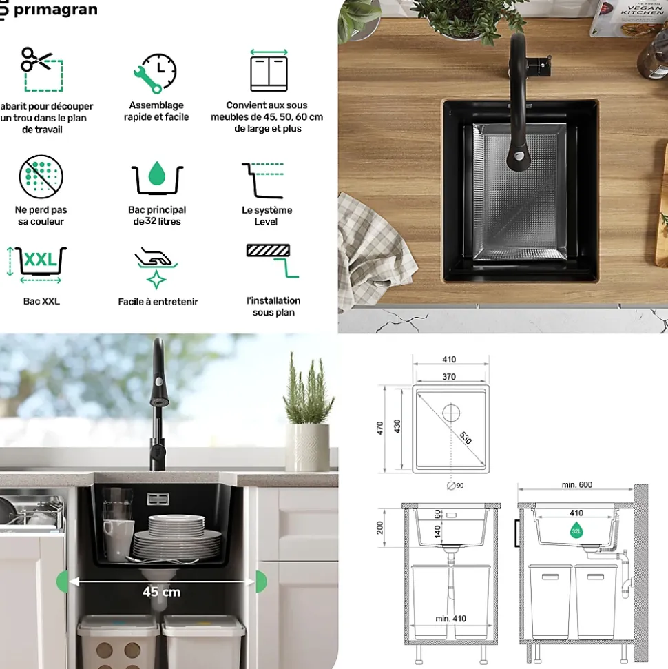 PRIMAGRAN Evier Sous Plan Tout Noir 41x47cm, Evier en Granit 1 bac + Kit de Vidage + Accessoires, Évier au meuble 45cm - Prague
