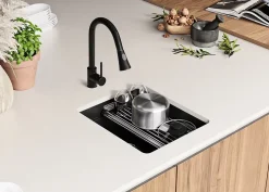 PRIMAGRAN Evier Sous Plan Tout Noir 41x47cm, Evier en Granit 1 bac + Kit de Vidage + Accessoires, Évier au meuble 45cm - Prague