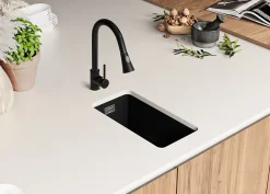 PRIMAGRAN Evier Sous Plan Noir Métallisé 26x47cm, Evier en Granit 1 bac + Kit de Vidage, Évier au meuble 30cm - London