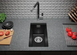 PRIMAGRAN Evier Sous Plan Noir Métallisé 26x47cm, Evier en Granit 1 bac + Kit de Vidage, Évier au meuble 30cm - London