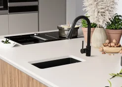 PRIMAGRAN Evier Sous Plan Noir Métallisé 26x47cm, Evier en Granit 1 bac + Kit de Vidage, Évier au meuble 30cm - London