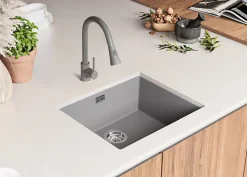 PRIMAGRAN Evier Sous Plan Gris 56x47cm, Evier en Granit 1 bac + Kit de Vidage, Évier au meuble 60cm - London