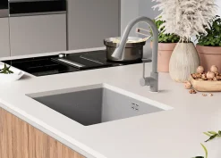 PRIMAGRAN Evier Sous Plan Gris 56x47cm, Evier en Granit 1 bac + Kit de Vidage, Évier au meuble 60cm - London