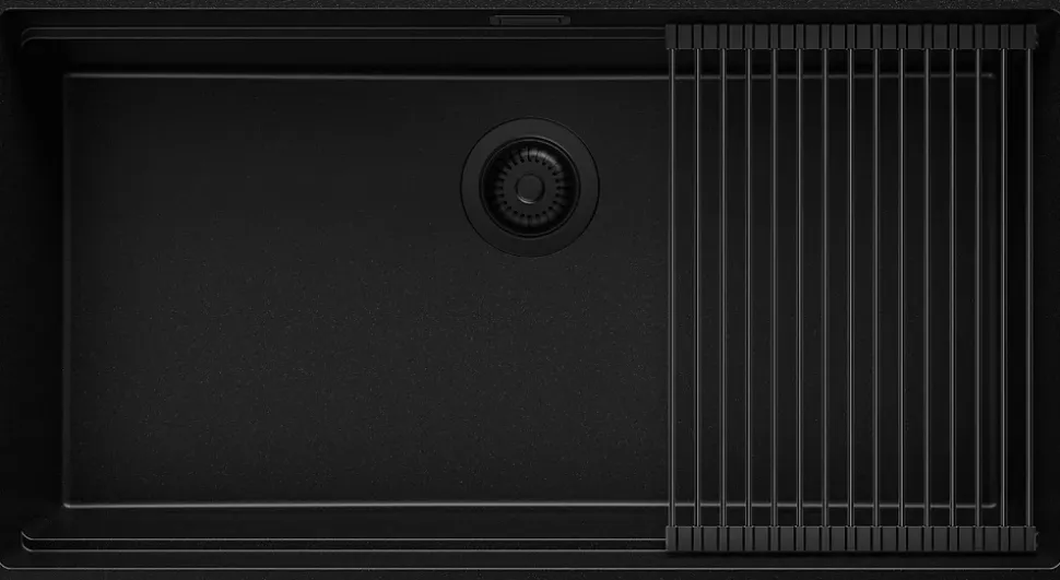 PRIMAGRAN Evier Sous Plan Tout Noir 86x47cm, Evier en Granit 1 bac + Kit de Vidage + Accessoires, Évier au meuble 90cm - Prague