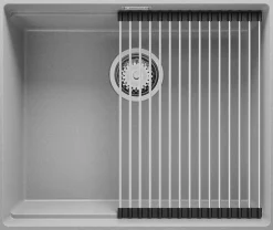 PRIMAGRAN Evier Sous Plan Gris 56x47cm, Evier en Granit 1 bac + Kit de Vidage + Accessoires, Évier au meuble 60cm - Prague