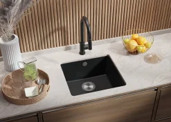 PRIMAGRAN Evier Sous Plan Graphite 46x44cm, Evier en Granit 1 bac + Kit de Vidage, Évier au meuble 50cm - Venise Easy