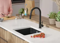 PRIMAGRAN Evier Sous Plan Graphite 46x44cm, Evier en Granit 1 bac + Kit de Vidage, Évier au meuble 50cm - Venise Easy