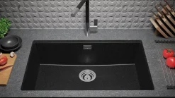 PRIMAGRAN Evier Sous Plan Graphite 76x47cm, Evier en Granit 1 bac + Kit de Vidage, Évier au meuble 80cm - London