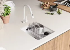 PRIMAGRAN Evier Sous Plan Blanc 41x47cm, Evier en Granit 1 bac + Kit de Vidage + Accessoires, Évier au meuble 45cm - Prague