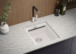 PRIMAGRAN Evier Sous Plan Blanc 41x47cm, Evier en Granit 1 bac + Kit de Vidage + Accessoires, Évier au meuble 45cm - Prague