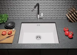 PRIMAGRAN Evier Sous Plan Tout Blanc 56x47cm, Evier en Granit 1 bac + Kit de Vidage, Évier au meuble 60cm - London