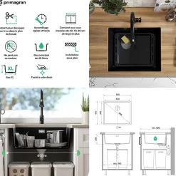 PRIMAGRAN Evier Sous Plan Tout Blanc 56x47cm, Evier en Granit 1 bac + Kit de Vidage, Évier au meuble 60cm - London