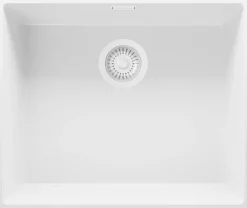 PRIMAGRAN Evier Sous Plan Tout Blanc 56x47cm, Evier en Granit 1 bac + Kit de Vidage, Évier au meuble 60cm - London