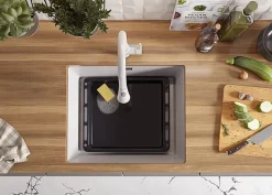 PRIMAGRAN Evier Sous Plan Tout Blanc 56x47cm, Evier en Granit 1 bac + Kit de Vidage, Évier au meuble 60cm - London