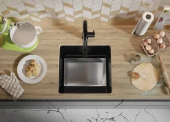 PRIMAGRAN Evier Sous Plan Noir 46x44cm, Evier en Granit 1 bac + Kit de Vidage, Évier au meuble 50cm - Venise Easy