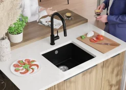 PRIMAGRAN Evier Sous Plan Noir 46x44cm, Evier en Granit 1 bac + Kit de Vidage, Évier au meuble 50cm - Venise Easy