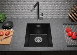 PRIMAGRAN Evier Sous Plan Tout Noir 36x47cm, Evier en Granit 1 bac + Kit de Vidage, Évier au meuble 40cm - London