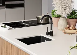 PRIMAGRAN Evier Sous Plan Tout Noir 36x47cm, Evier en Granit 1 bac + Kit de Vidage, Évier au meuble 40cm - London