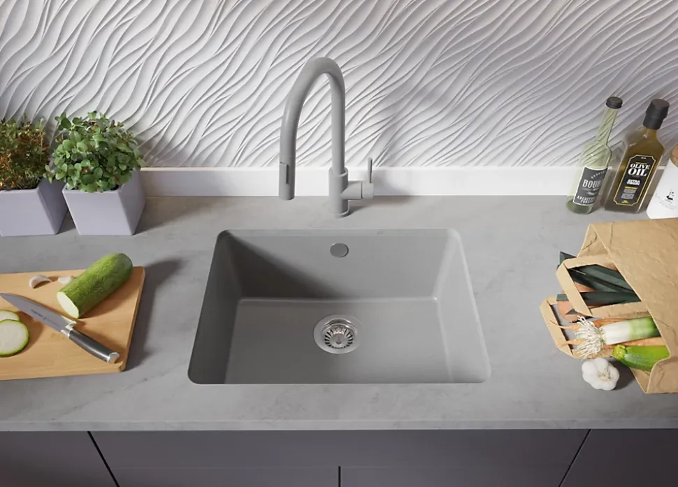 PRIMAGRAN Evier Sous Plan Gris 56x44cm, Evier en Granit 1 bac + Kit de Vidage, Évier au meuble 60cm - Venise Easy