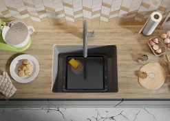 PRIMAGRAN Evier Sous Plan Gris 56x44cm, Evier en Granit 1 bac + Kit de Vidage, Évier au meuble 60cm - Venise Easy