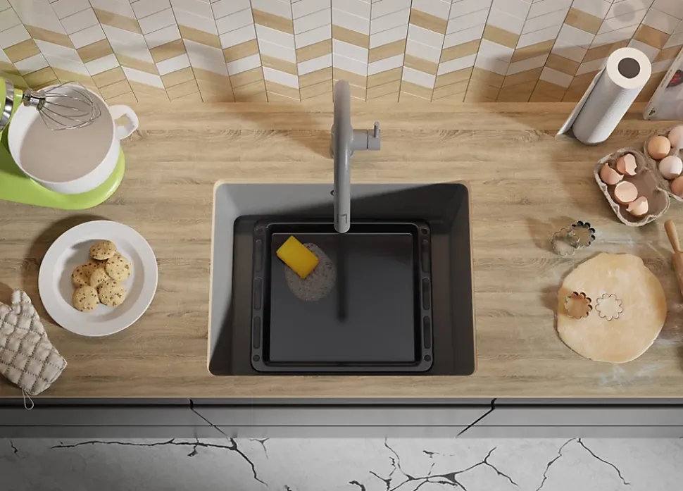 PRIMAGRAN Evier Sous Plan Gris 56x44cm, Evier en Granit 1 bac + Kit de Vidage, Évier au meuble 60cm - Venise Easy