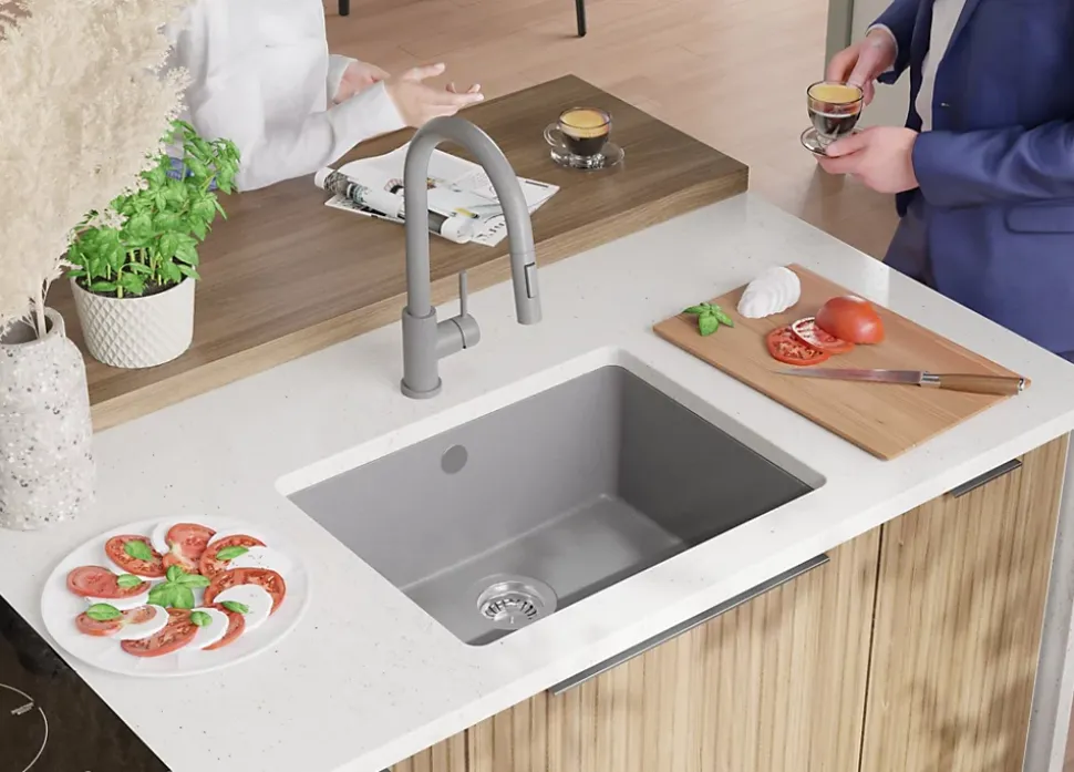 PRIMAGRAN Evier Sous Plan Gris 56x44cm, Evier en Granit 1 bac + Kit de Vidage, Évier au meuble 60cm - Venise Easy