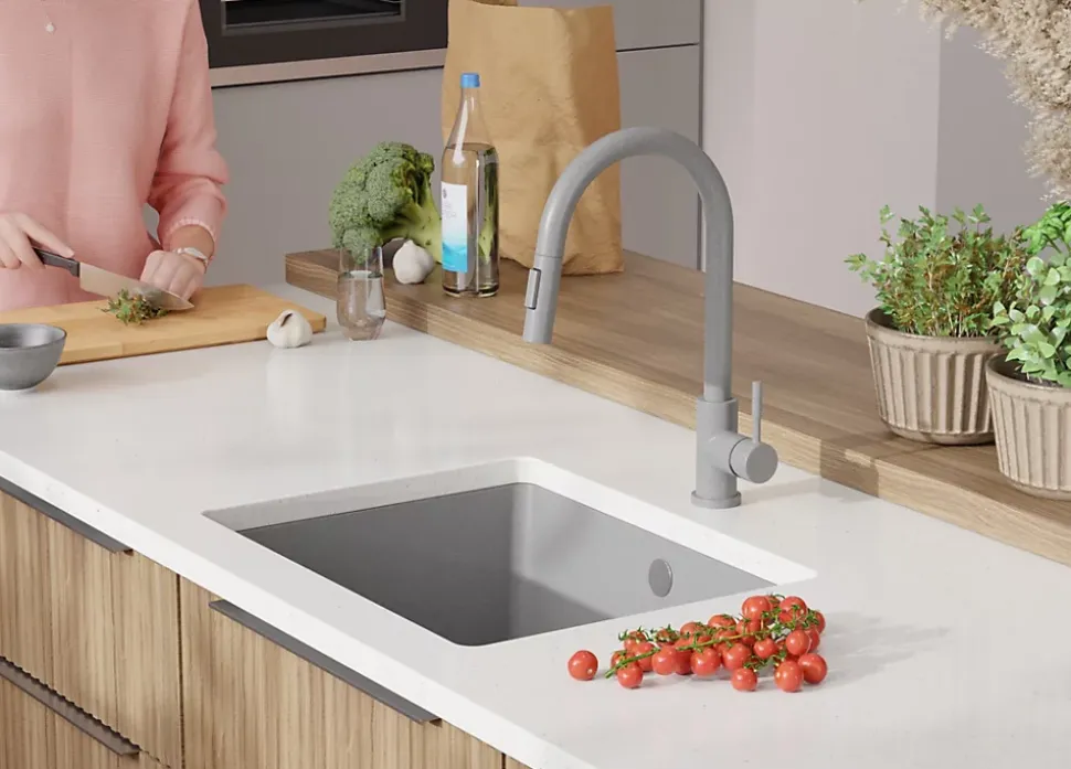 PRIMAGRAN Evier Sous Plan Gris 56x44cm, Evier en Granit 1 bac + Kit de Vidage, Évier au meuble 60cm - Venise Easy