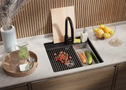 PRIMAGRAN Evier Sous Plan Noir Métallisé 56x53cm, Evier en Granit 1 bac + Kit de Vidage + Accessoires, Évier au meuble 60cm