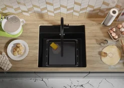 PRIMAGRAN Evier Sous Plan Noir Métallisé 56x53cm, Evier en Granit 1 bac + Kit de Vidage + Accessoires, Évier au meuble 60cm