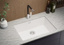 PRIMAGRAN Evier Sous Plan Blanc 66x47cm, Evier en Granit 1 bac + Kit de Vidage, Évier au meuble 70cm - London