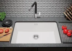 PRIMAGRAN Evier Sous Plan Blanc 66x47cm, Evier en Granit 1 bac + Kit de Vidage, Évier au meuble 70cm - London