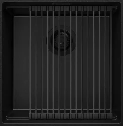 PRIMAGRAN Evier Sous Plan Tout Noir 46x47cm, Evier en Granit 1 bac + Kit de Vidage + Accessoires, Évier au meuble 50cm - Prague