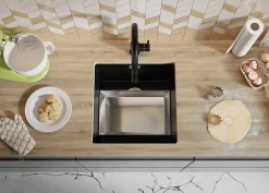 PRIMAGRAN Evier Sous Plan Tout Noir 46x47cm, Evier en Granit 1 bac + Kit de Vidage + Accessoires, Évier au meuble 50cm - Prague