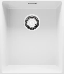 PRIMAGRAN Evier Sous Plan Blanc 41x47cm, Evier en Granit 1 bac + Kit de Vidage, Évier au meuble 45cm - London