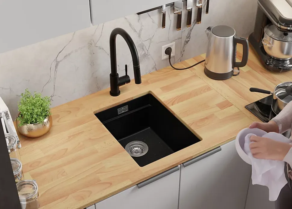 PRIMAGRAN Evier Sous Plan Noir Métallisé 36x47cm, Evier en Granit 1 bac + Kit de Vidage + Accessoires, Évier au meuble 40cm