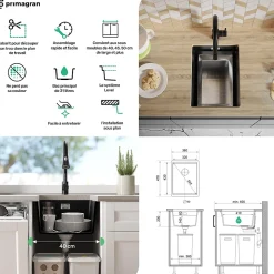 PRIMAGRAN Evier Sous Plan Noir Métallisé 36x47cm, Evier en Granit 1 bac + Kit de Vidage + Accessoires, Évier au meuble 40cm