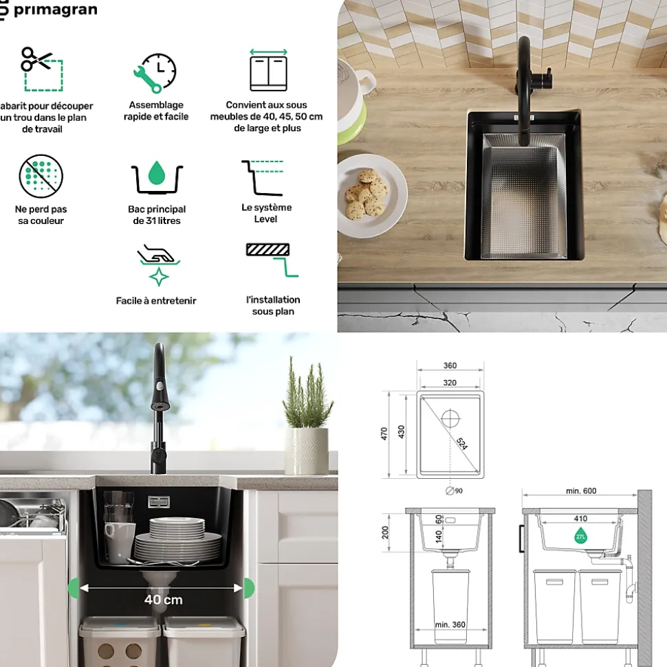 PRIMAGRAN Evier Sous Plan Noir Métallisé 36x47cm, Evier en Granit 1 bac + Kit de Vidage + Accessoires, Évier au meuble 40cm